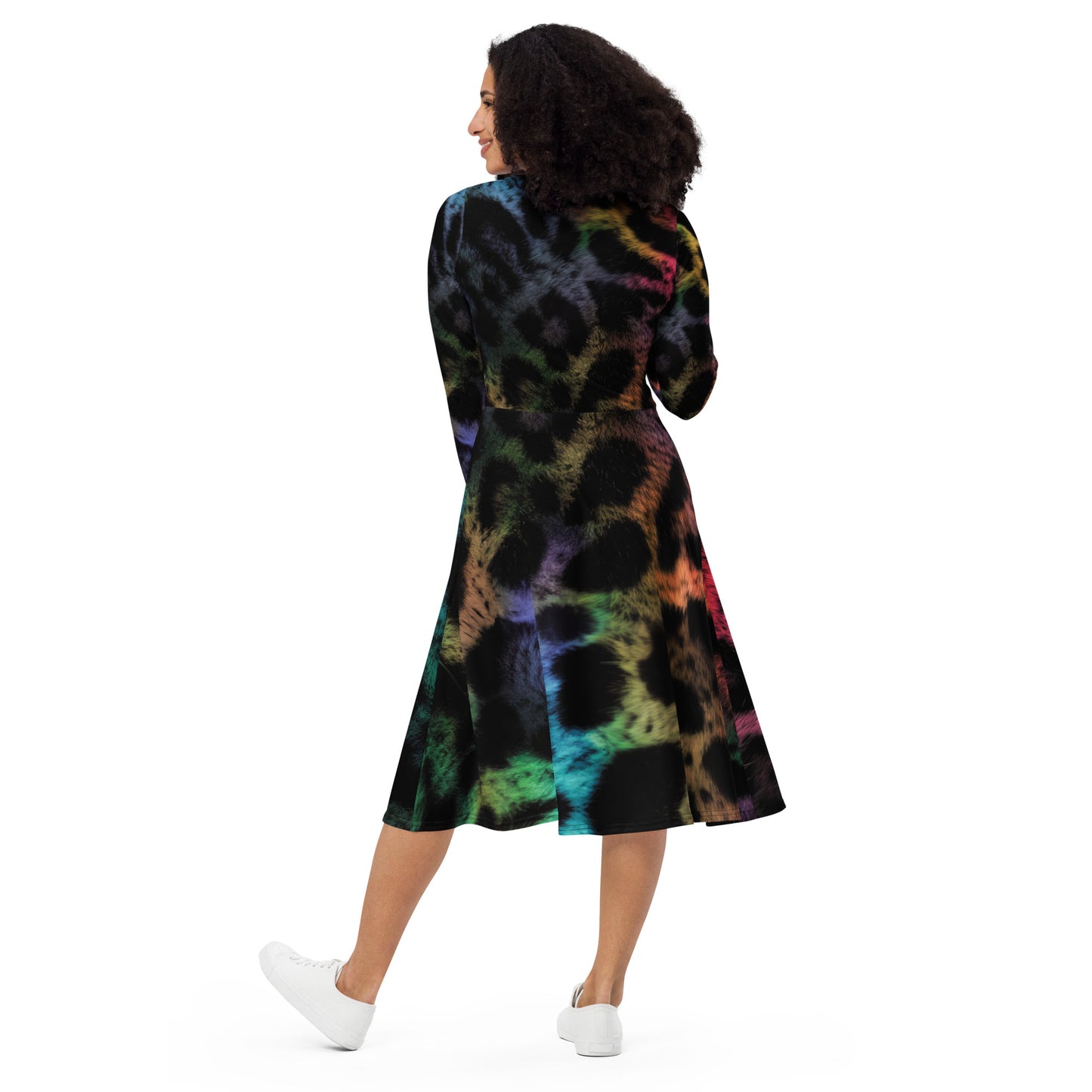 Rainbow Jaguar All-over print long sleeve midi dress