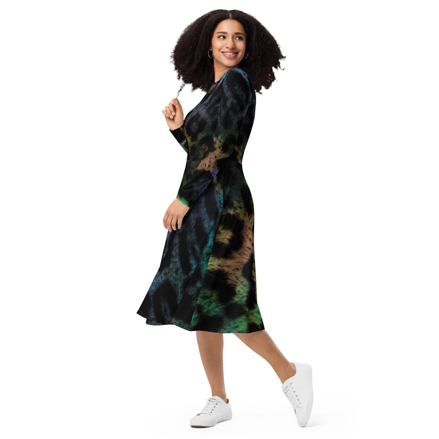 Rainbow Jaguar All-over print long sleeve midi dress