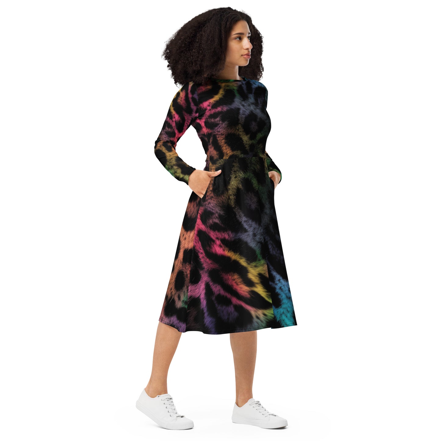 Rainbow Jaguar All-over print long sleeve midi dress